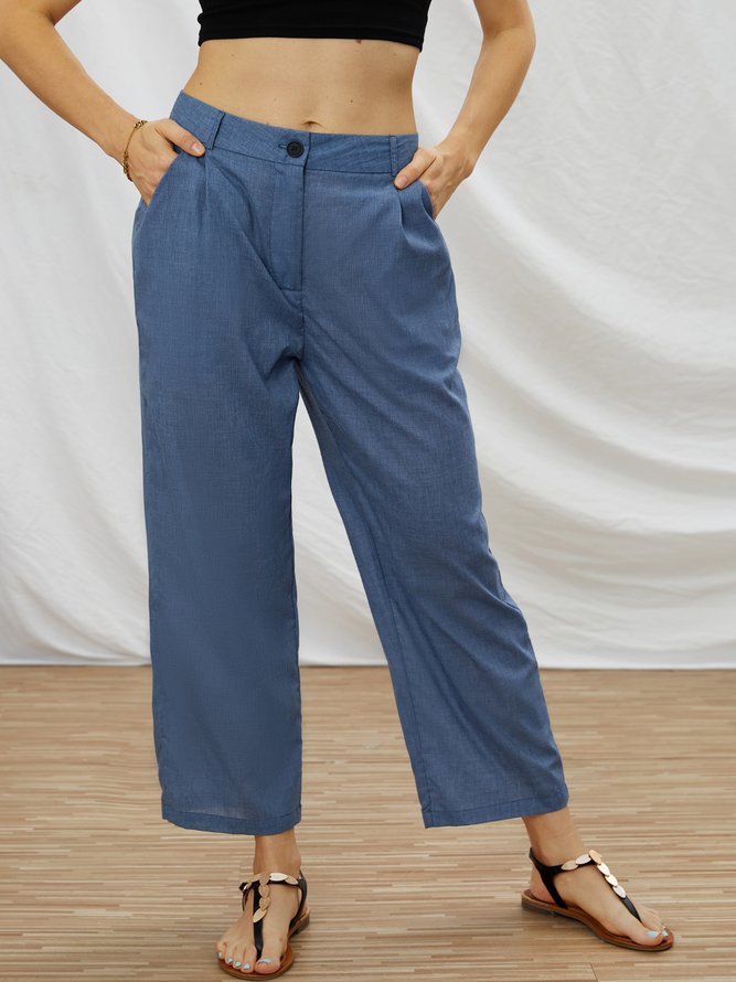 Casual Pockets Plain Buttoned Pants