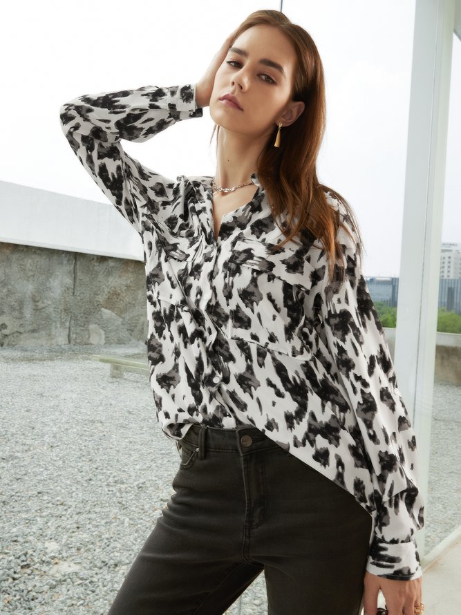 Women Elegant Leopard Autumn Polyester No Elasticity Long sleeve Loose Regular H-Line Blouse