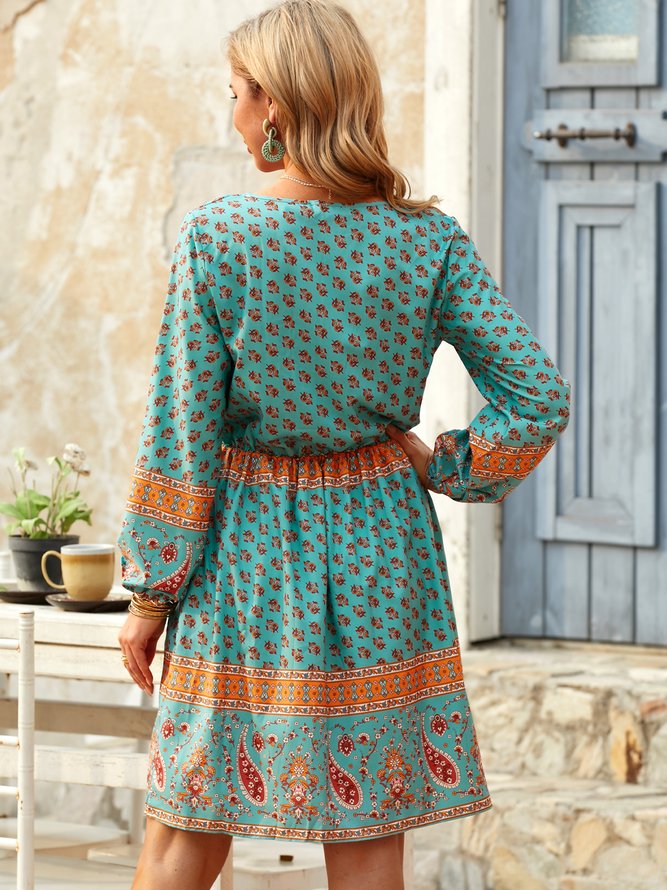 Cotton-Blend Long Sleeve V Neck Weaving Dress