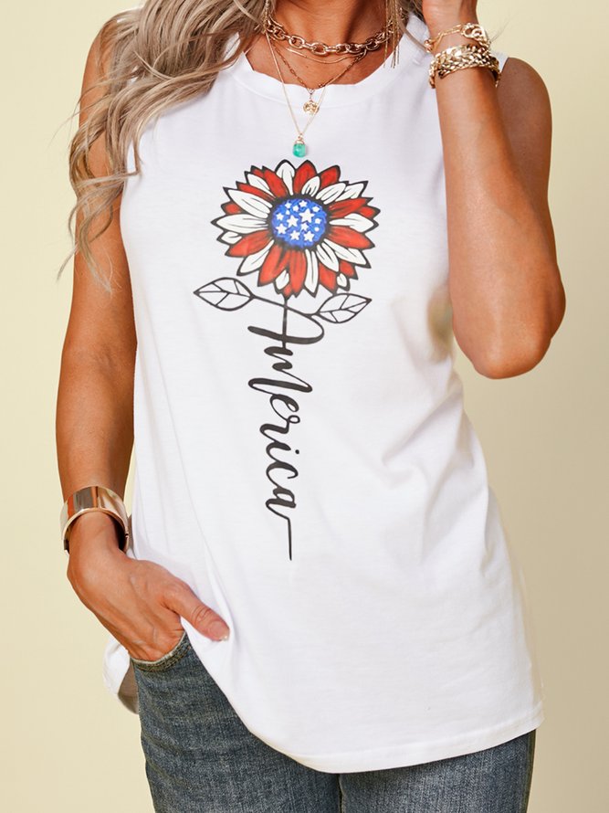 Plus Size Cotton Sleeveless Printed Casual Tops