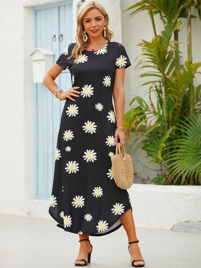 Floral Short Sleeve Casual Knitting Dress