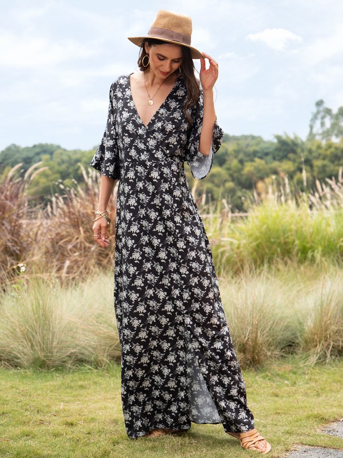 Floral Sexy Spring Polyester Half sleeve Daily Short sleeve Loose Long Dress for Women