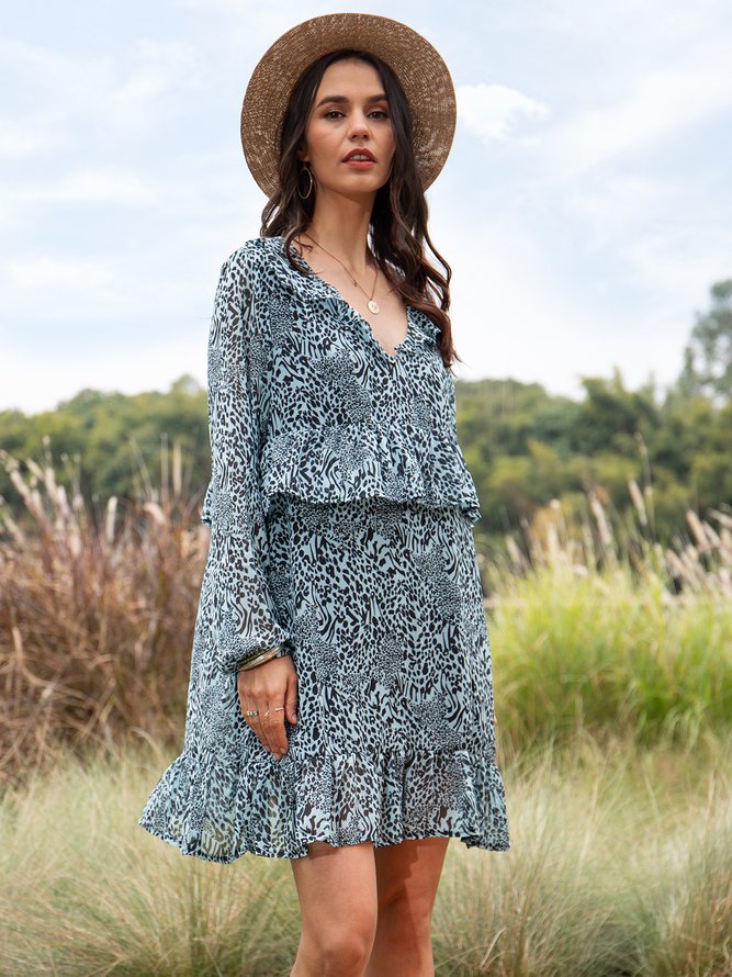 Blue Chiffon Holiday Long Sleeve Leopard Weaving Dress
