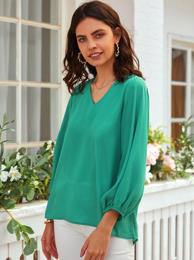 Casual Spring V neck Polyester Cotton Long sleeve Loose Regular Top for Women