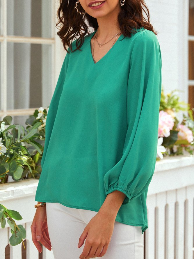 Casual Spring V neck Polyester Cotton Long sleeve Loose Regular Tops for Women