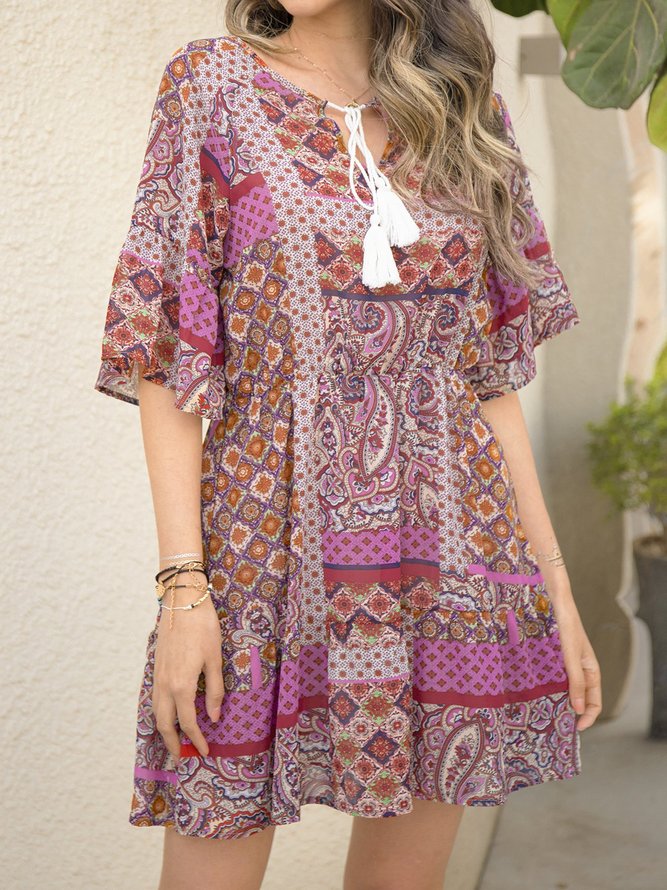Floral Crew Neck Casual Weaving Dress
