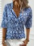 Geometric Buttoned V Neck 3/4 Sleeve Casual Shirts