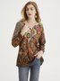 Casual Floral Autumn V neck Mid-weight Long sleeve Loose Regular Off Shoulder Sleeve Sweatshirts for Women