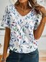 Summer Leaf Casual V neck Daily Jersey Short sleeve Fit H-Line T-shirt for Women