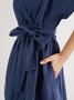 V Neck Linen Linen Regular Fit Dress With Belt