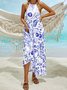 Vacation Tribal Floral Boho Loosen Halter Sleeveless Long Woven Maxi Dress
