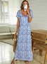 Boho Tribal Floral Geometric Casual Loosen Scoop Neckline Short Sleeve Maxi Knit Dress