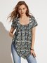 Floral Casual Square Neck Short Sleeve T-Shirt