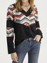 Ethnic Spring Vacation Polyester V neck Mid-weight Long sleeve Loose Regular Sweatshirts for Women