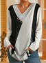 V Neck Color Block Casual Long Sleeve T-Shirt