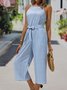 Women Plain Summer Casual Polyester No Elasticity Capris Standard Loose H-Line Jumpsuit & Romper