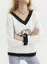 Geometric Casual Autumn Cotton V neck Daily Long sleeve Loose Regular Sweatshirts for Women