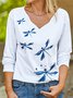 Women Summer Casual Dragonfly Standard Long sleeve Cotton-Blend Regular H-Line Regular T-shirt