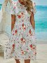 Vacation Floral Striped Casual Loosen Crew Neck Midi Short Sleeve Knit Dress