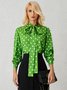 Green Loose Polka DotsLong sleeve  Elegant Stand H-Line Collar Tops