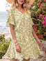Apricot Geometric Short Sleeve Floral-Print V Neck Mini Weaving Dress