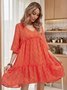 Red V Neck Cotton-Blend Swing Short Sleeve Weaving Dress