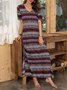 Purplish Blue Boho Cotton-Blend Short Sleeve Tribal Weaving Dress