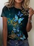 Casual Butterfly Floral-Print Short Sleeve Round Neck T-shirt