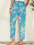 Blue Floral Cropped Resort Casual Pocket Pants Loosen Boho Pants
