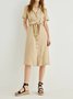Casual Plain Linen Shawl Collar Dress With Scarf