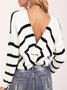 Black-White Striped Knitted Long Sleeve V Neck Sweater
