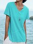 Blue Casual Cotton Solid V Neck T-shirt