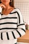 Black-White Striped Knitted Long Sleeve V Neck Sweater