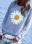 Blue Cotton-Blend Crew Neck Floral Casual T-shirt