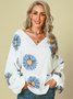 White-Blue Floral Batwing Cotton V Neck Shirts & Tops