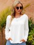 Simple Petal Neckline Cotton-Blend Solid Long Sleeve T-shirt