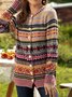 Women Boho Autumn Printed Cotton Lightweight Micro-Elasticity Long sleeve Collarless H-Line Sweater coat