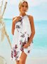 Floral Sleeveless  Printed Polyester  Halter Cold Shoulder Sexy  Summer  White Dress