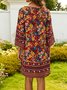 3/4 Sleeve Floral-Print V Neck Weaving Dress