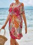 Floral-Print Cotton-Blend Boho Short Sleeve Weaving Dress