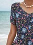 Short Sleeve V Neck Holiday Floral-Print Weaving Dress