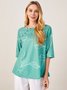 Cotton And Linen Leaf Print Loose Sleeve Blouse