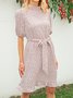 Crew Neck Casual Floral-Print Short Sleeve Weaving Dress With Belt
