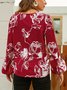 Red V Neck Casual Printed Cotton-Blend Top