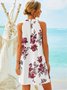 Floral Sleeveless  Printed Polyester  Halter Cold Shoulder Sexy  Summer  White Dress