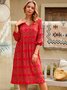 Half Sleeve V Neck Cotton-Blend Floral-Print Weaving Dress