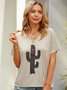 Casual V Neck Short Sleeve Plant Print Loose Tee