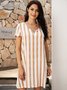 Apricot Short Sleeve Striped V Neck Weaving Dress