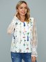 Vacation V Neck Lace stitching Cotton Blends Floral Tops