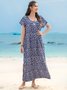 Navy Blue Cotton-Blend Casual Floral Crew Neck Weaving Dress